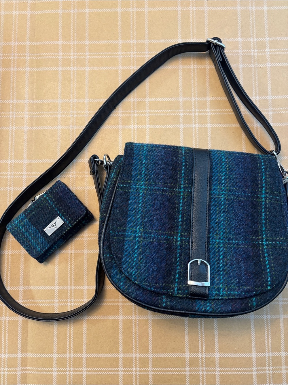 Harris Tweed Authentic Plaid Wool Saddle Bag with Black Leather Trim